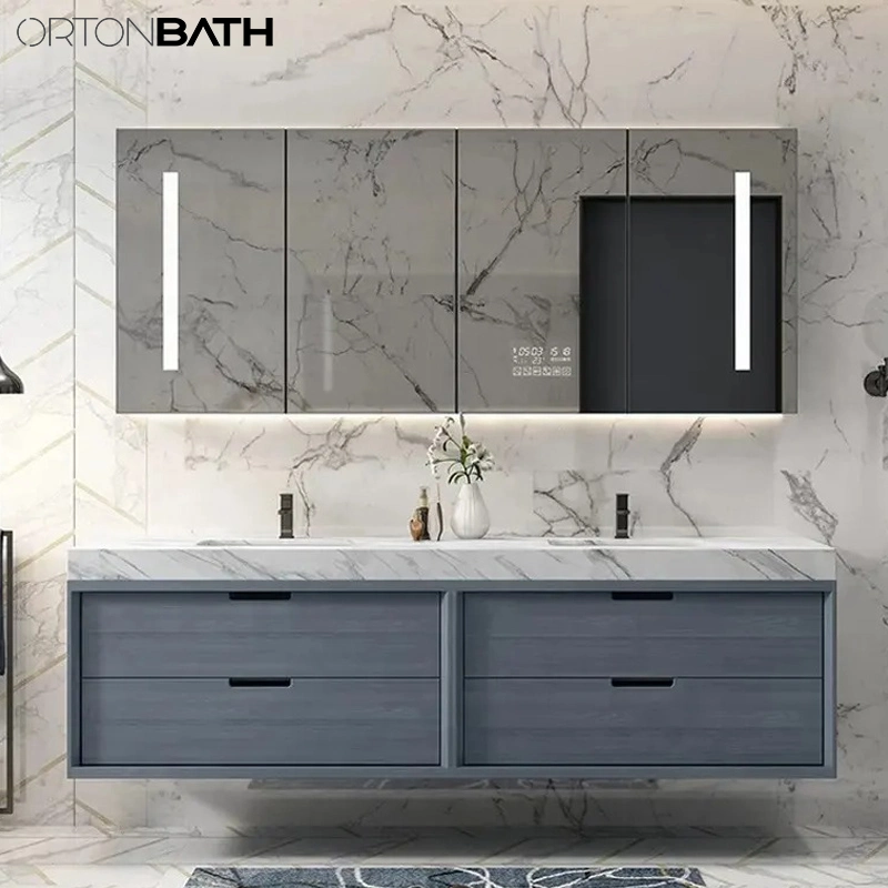 Ortonbath Modern Wall Undermount Ceramic Sink Marble Countertop Bathroom Wood Vanity Unit Cabinet Quartz Bathroom Furniture with LED Mirror Cabinet