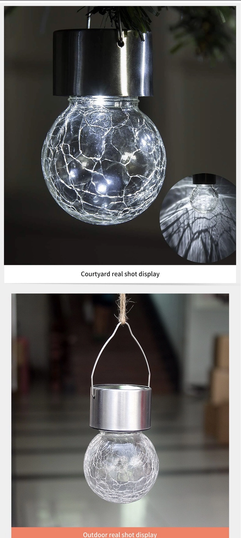Factory Hot Sale Garden Home Outdoor Decoration Christmas Decorations Light Crackled Glass Ball Shape LED Solar Hanging Lights