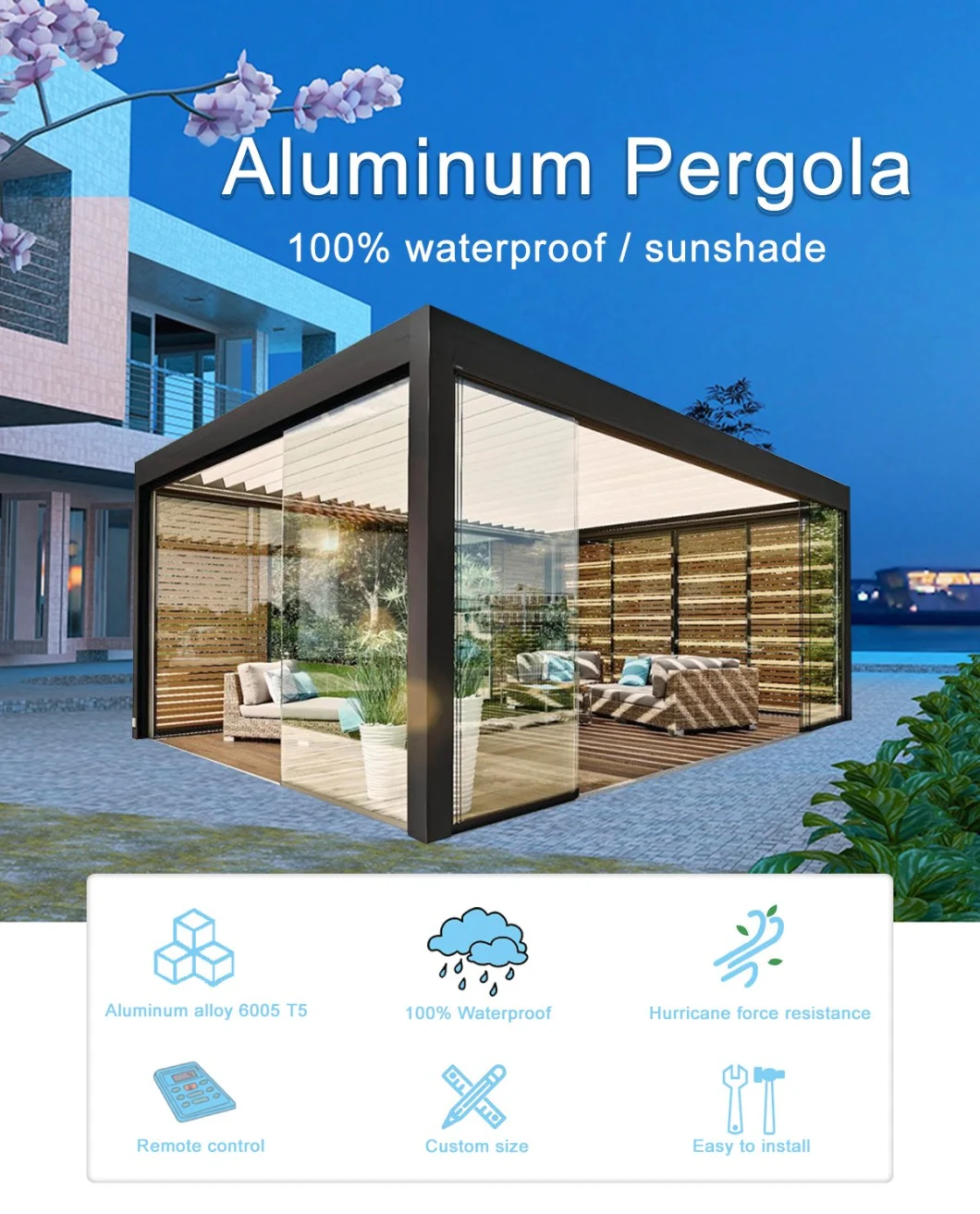 Easily Assembled Prefabricated House Motorized Modern Pergola Aluminum Patio Furniture with LED Lighting