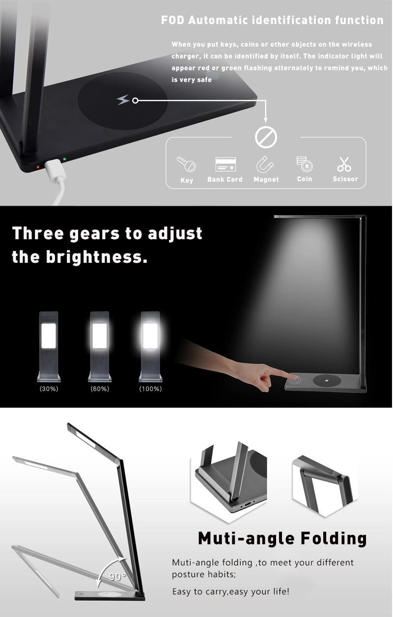 LED Table Lamp Foldable with Wireless Charger 6000K White Light 3 Brightness Modes Desk Light