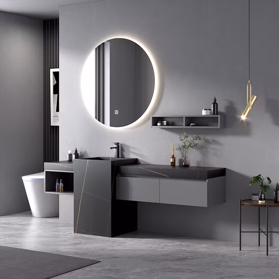 New Design Manufacturer OEM Style LED Mirror Bathroom Furniture Cabinet Vanities Furniture with Rock Plate Basin