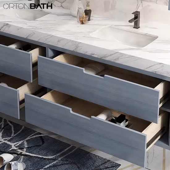 Ortonbath Modern Wall Undermount Ceramic Sink Marble Countertop Bathroom Wood Vanity Unit Cabinet Quartz Bathroom Furniture with LED Mirror Cabinet